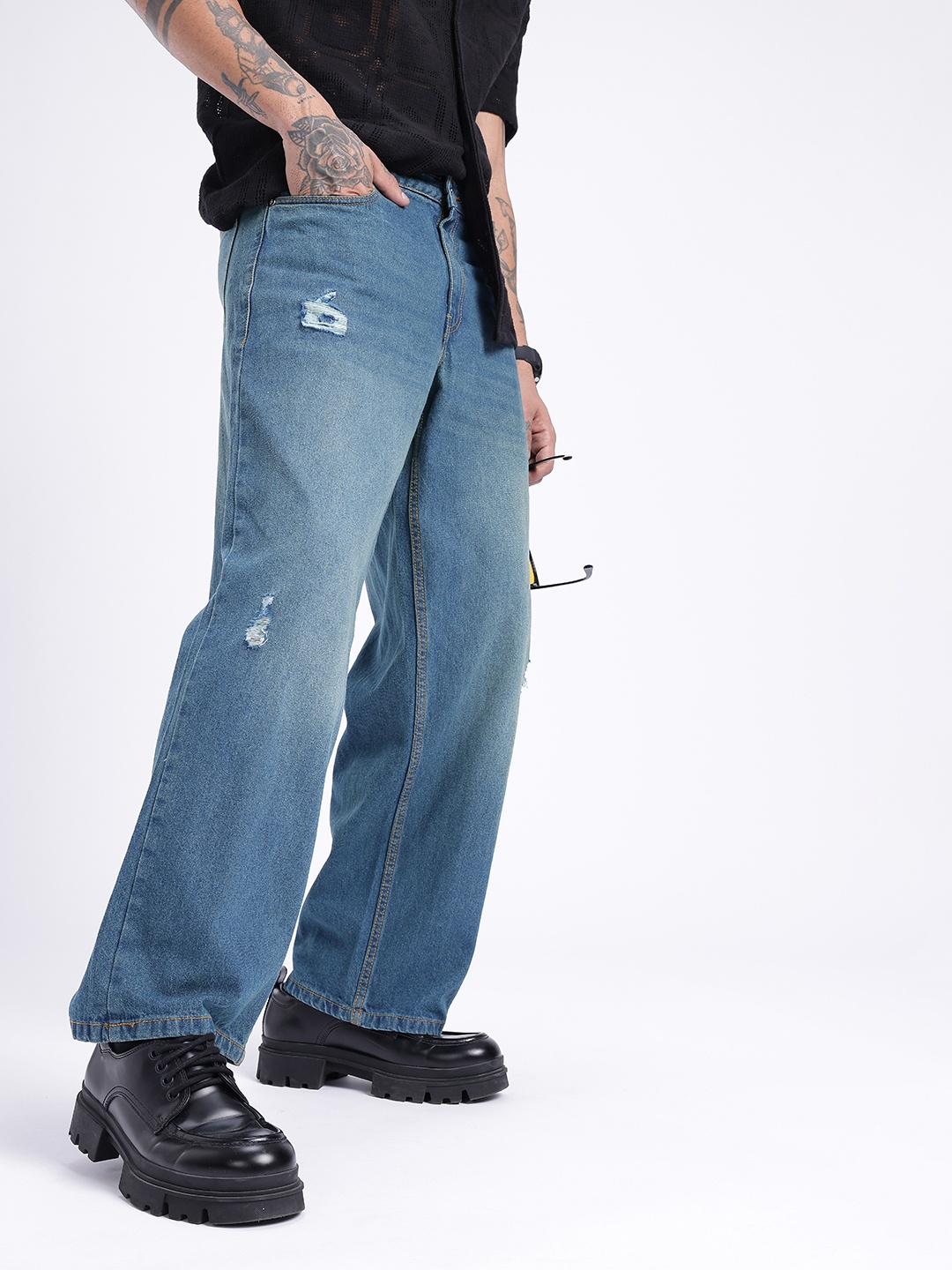 

glitchez Men Unfinished Baggy Distressed Light Fade Jeans, Blue