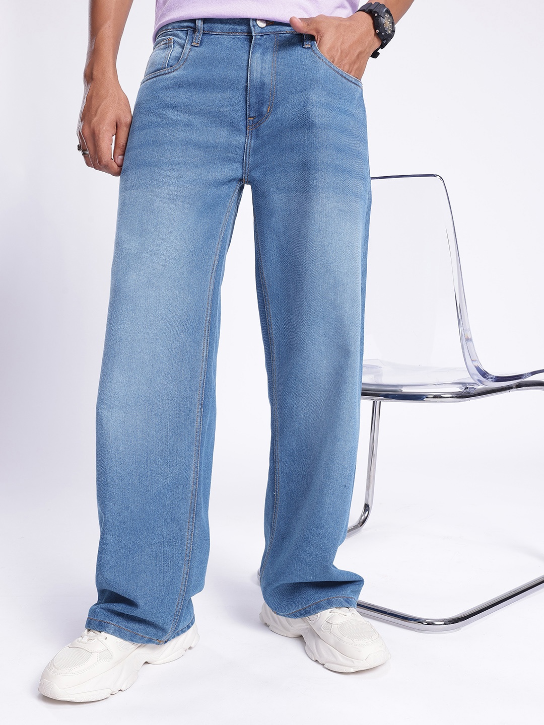 

glitchez Men Classic Vibe Wide Leg Light Fade Jeans, Blue