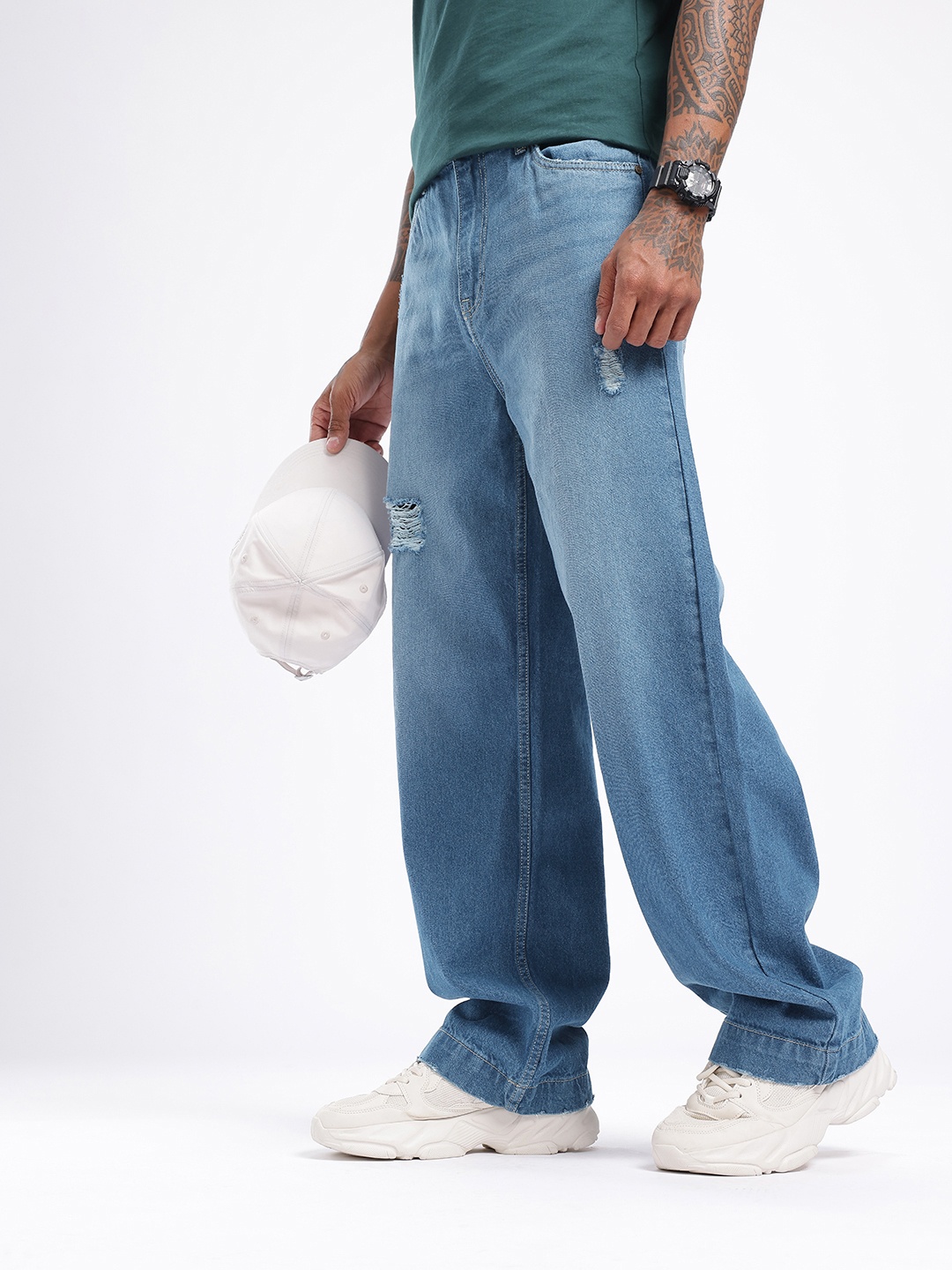 

glitchez Men Grunge Cool Wide Leg Mildly Distressed Light Fade Jeans, Blue