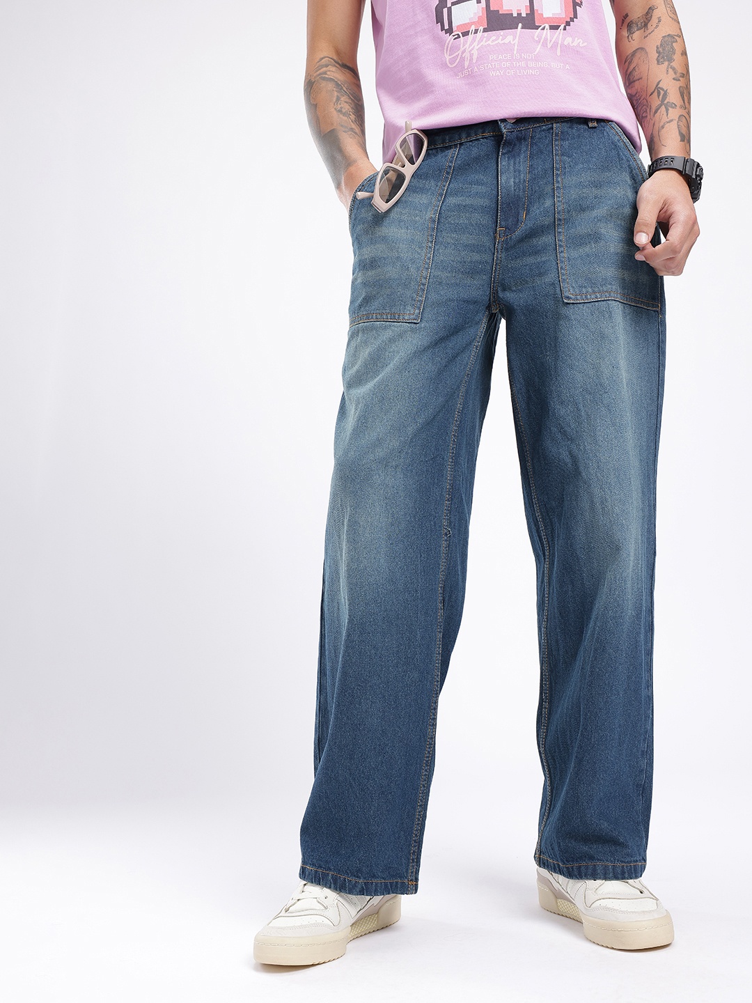

glitchez Men Urban Cool Wide Leg Light Fade Jeans, Blue
