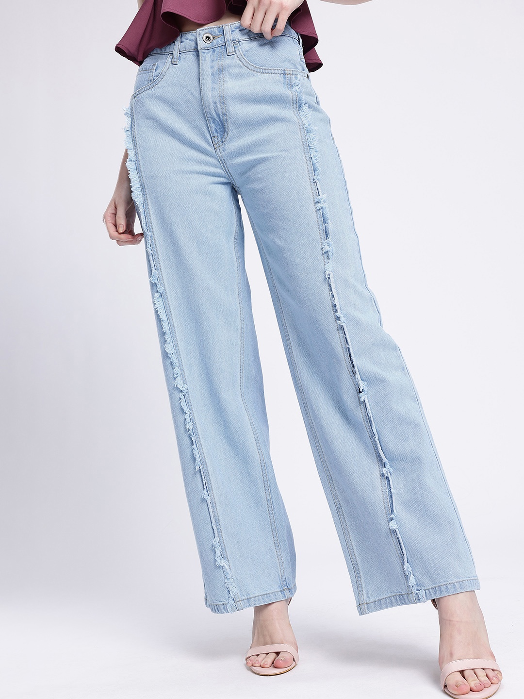 

glitchez Women Baggy Wide Leg High-Rise Frayed Light Fade Jeans, Blue