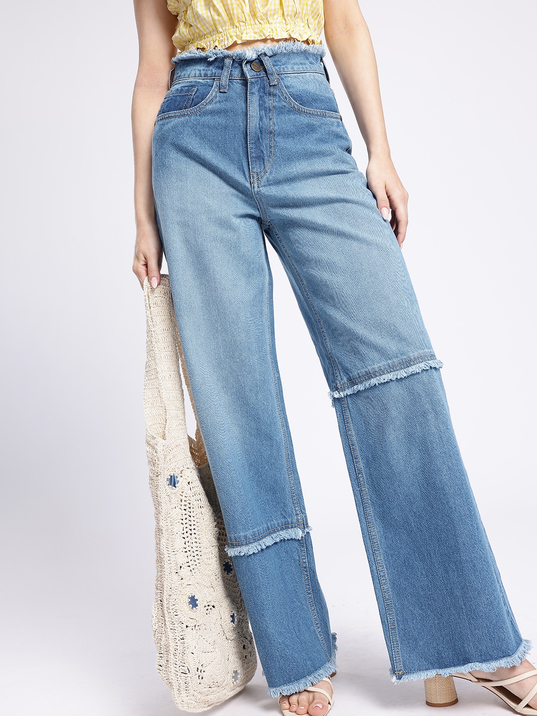 

glitchez Women Urban Core Baggy Wide Leg High-Rise Faded Frayed Jeans, Blue