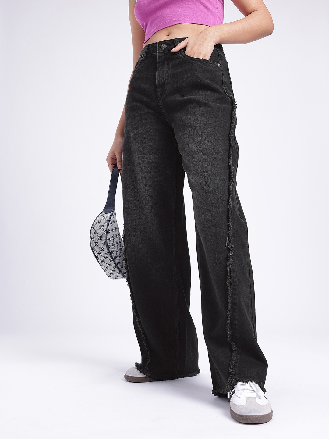

glitchez Women Vintage 90'S Baggy High-Rise Light Fade Frayed Jeans, Black