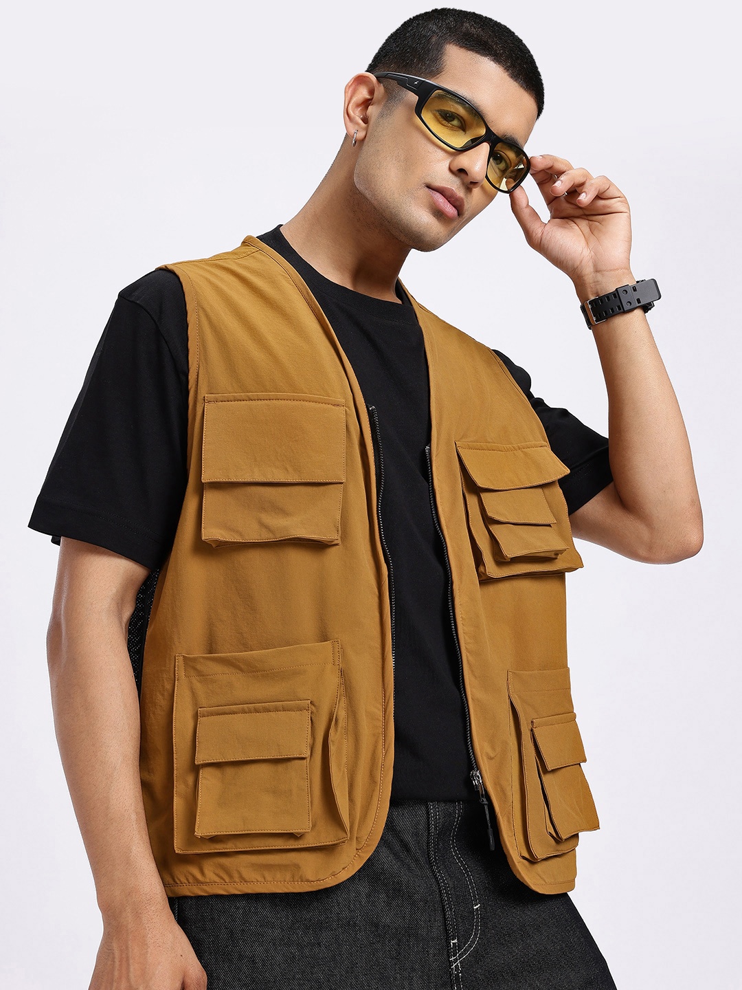 

glitchez Urban Utility Colorblock Mesh Gilet Jacket, Mustard