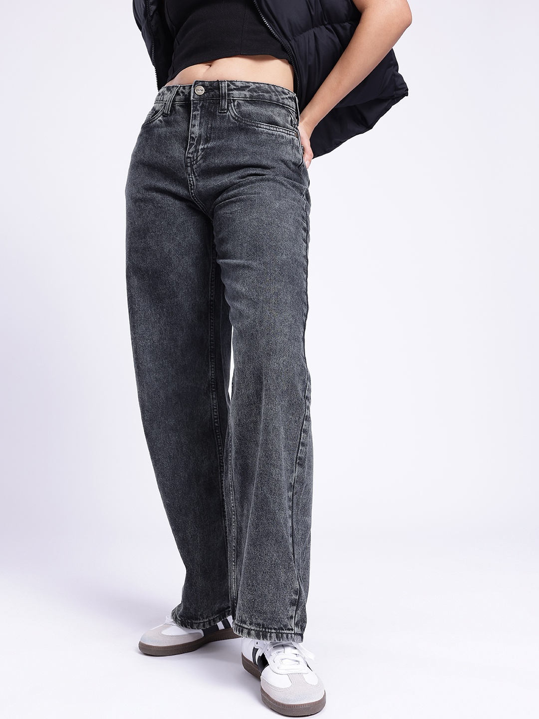 

glitchez Women Urban Vibe Baggy Wide Leg Heavy Fade Jeans, Black