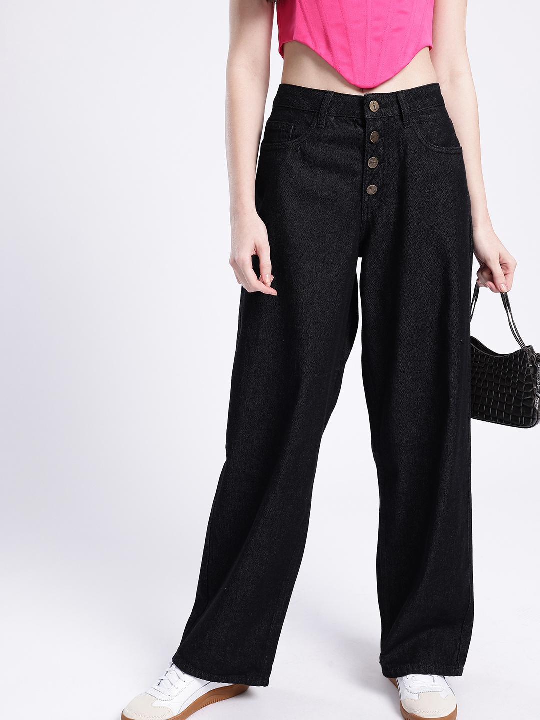 

glitchez Women Timeless Classic 90's Baggy Fit High-Rise Jeans, Black