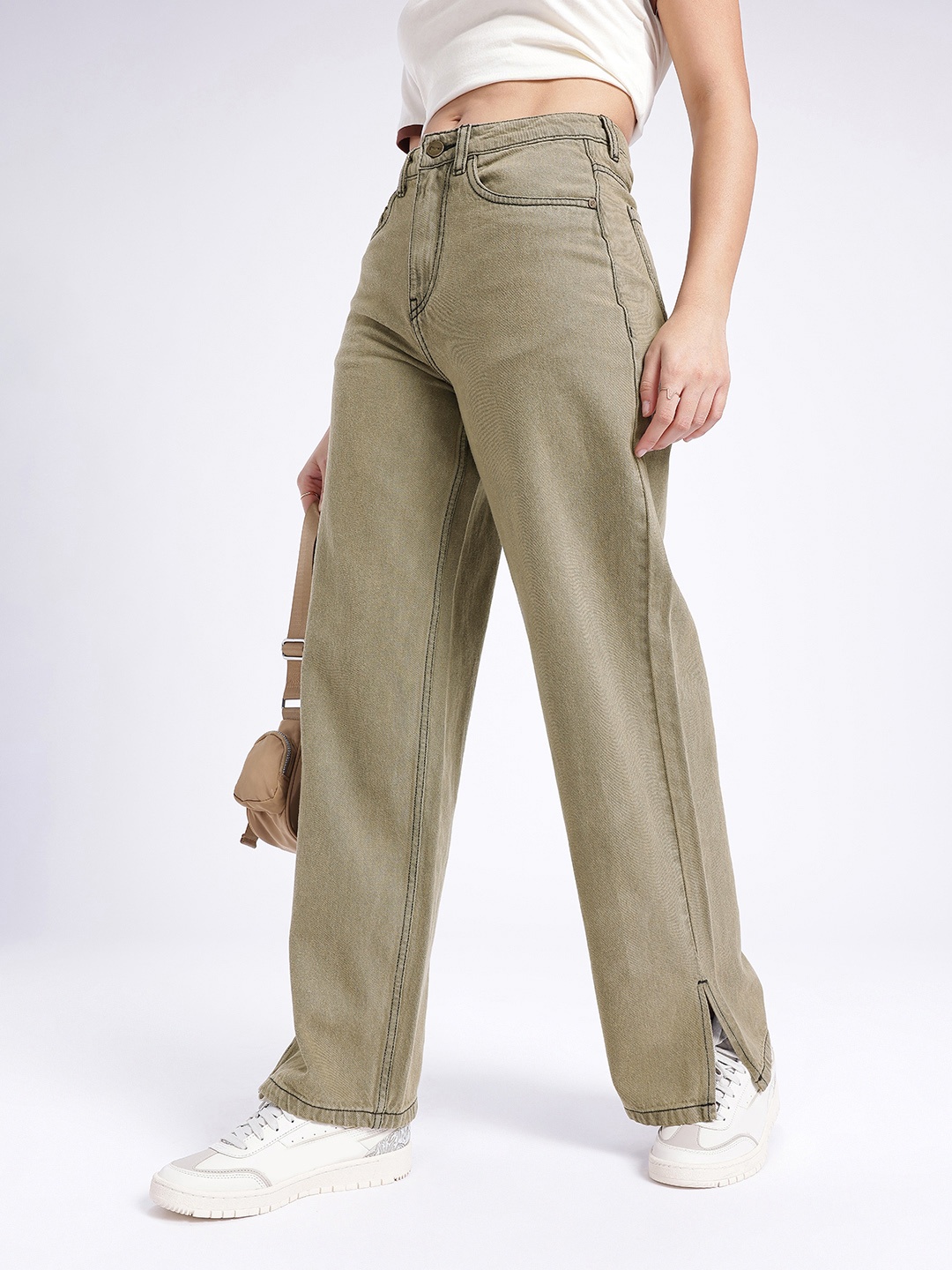 

glitchez Women Cool Vibe Straight Fit High-Rise Jeans With Slit Detail, Grey
