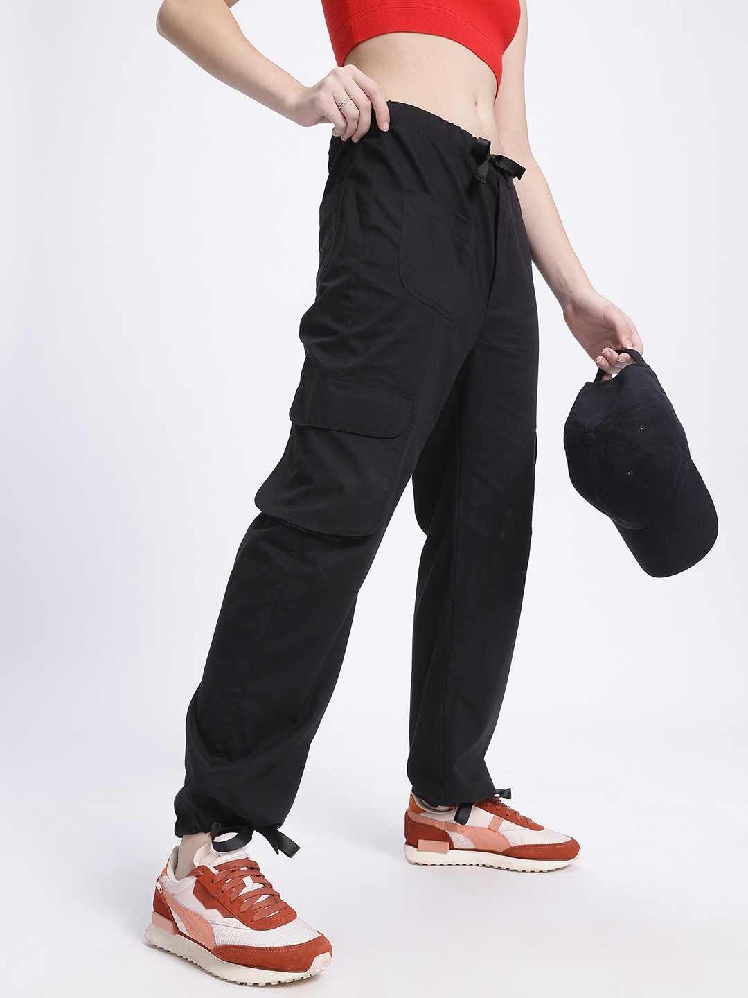 

glitchez Women Utility Weave Regular Fit Cargo Joggers, Black