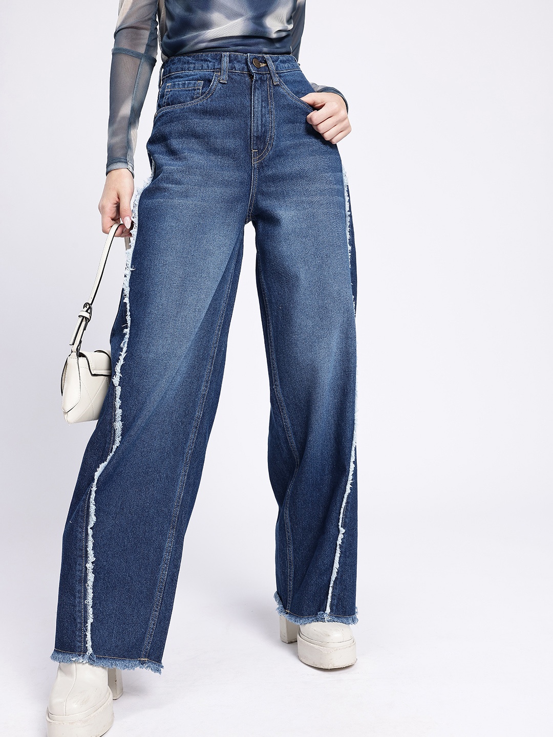 

glitchez Women Timeless Classic 90's Baggy Fit High-Rise Faded Frayed Jeans, Blue