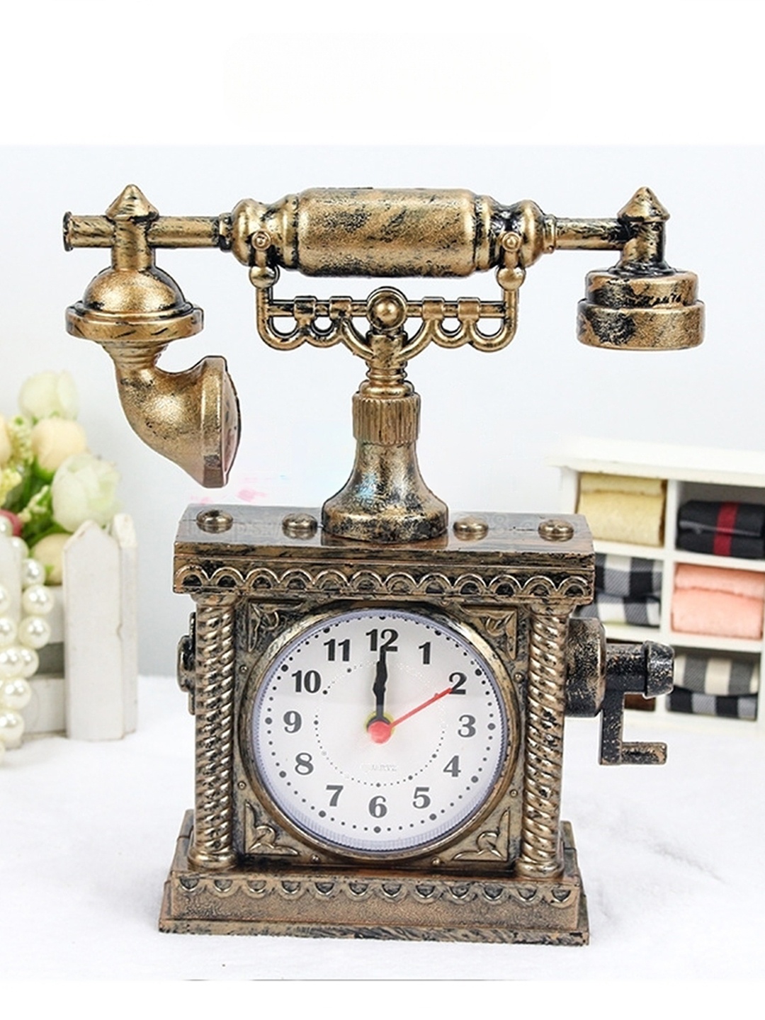 Spiaty Bronze-Toned & White Telephone Shaped Round Alarm Clock