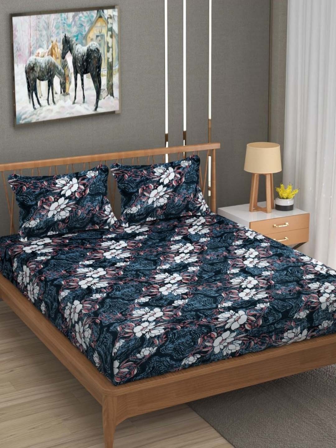 

INDHOME LIFE Black Floral Printed Wool 220 TC Fitted King Bedsheet Set 2.54 cm x 2.28 cm