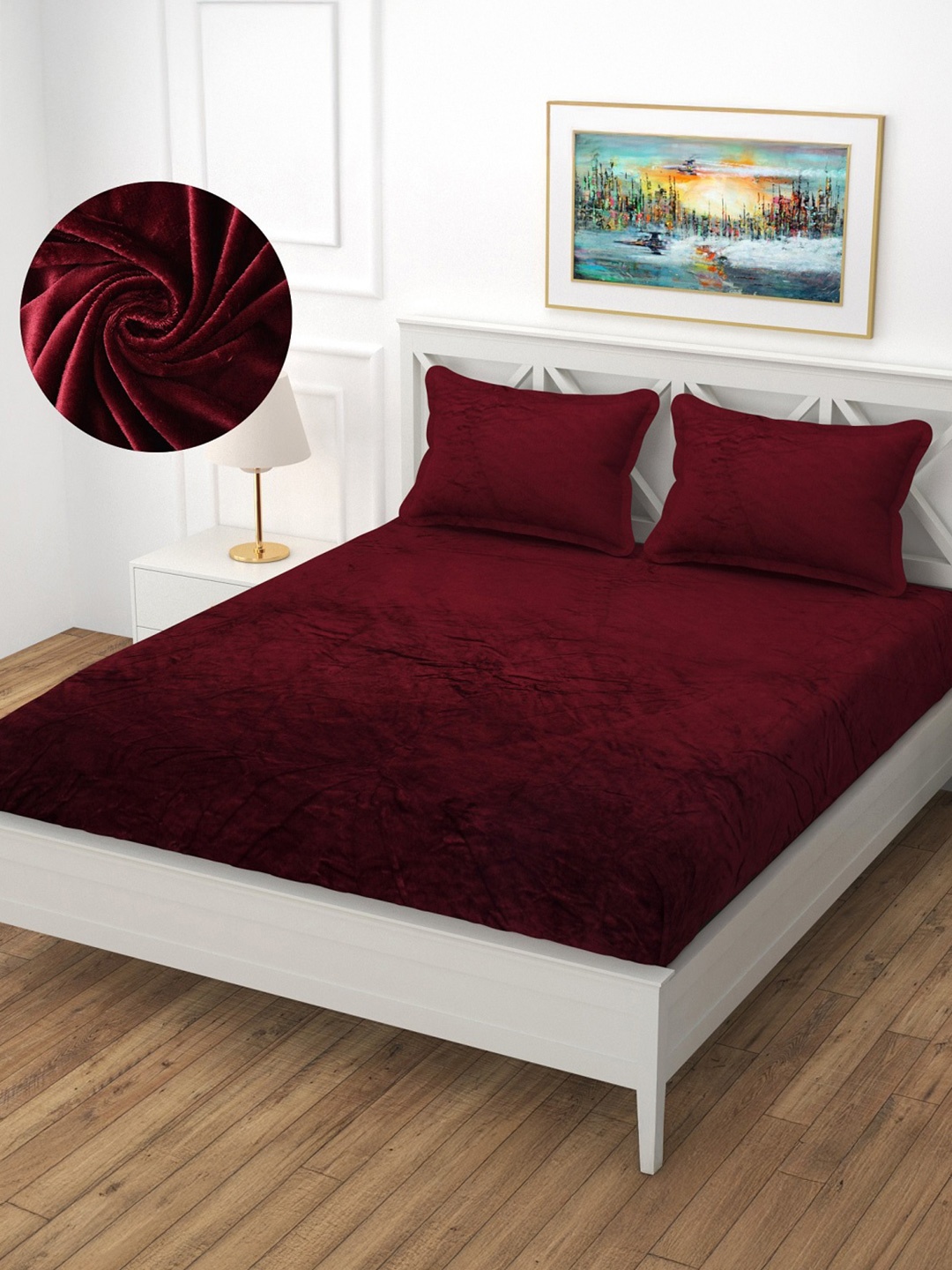 

INDHOME LIFE Maroon Wool 220 TC Fitted King Bedsheet Set 2.54 cm x 2.28 cm