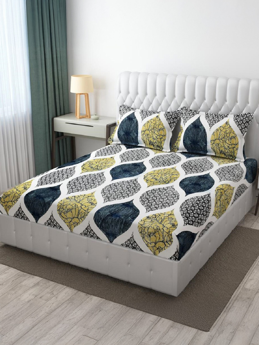 

INDHOME LIFE White Printed Wool 220 TC Fitted King Bedsheet Set 2,54 cm x 2.28 cm