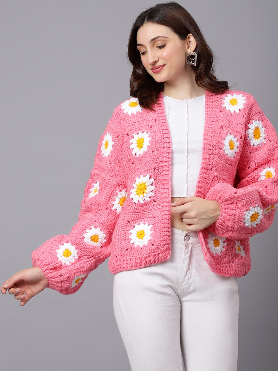 

Sugercandy Women Floral Ribbed Woollen Front-Open, Pink