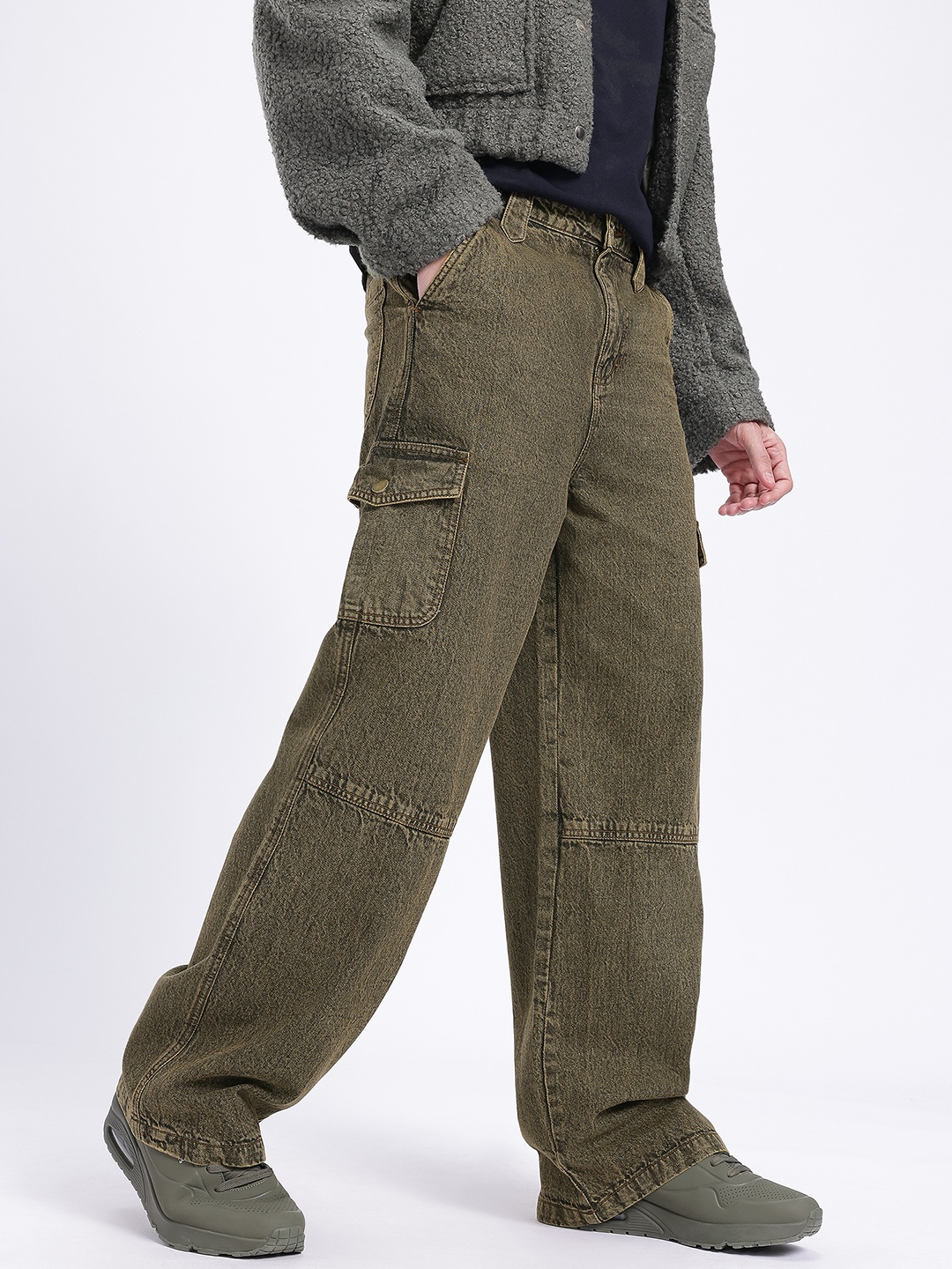 

glitchez Men Street Utility Faded Cargo-Style Baggy Jeans, Grey