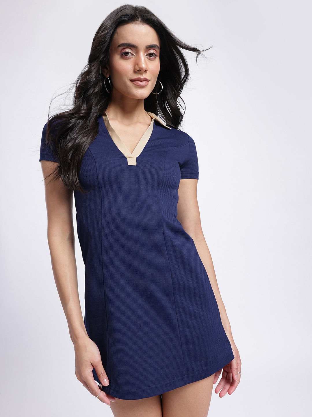 

glitchez Sleek Stitches Textured Contrast Trims Paneled Sheath Dress, Navy blue