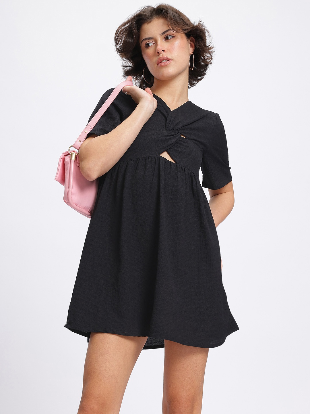 

glitchez Laid-back Luxe Twisted Cut-Out Textured A-Line Mini Dress, Black