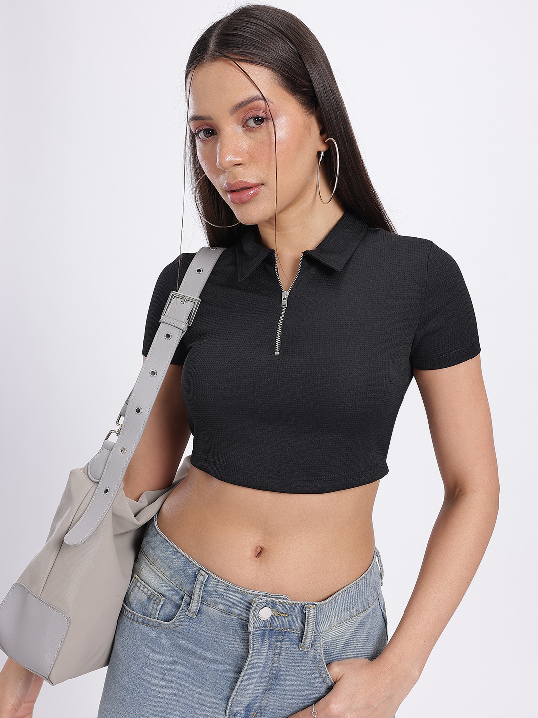 

glitchez Textured Play Polo Collar Crop Top, Black