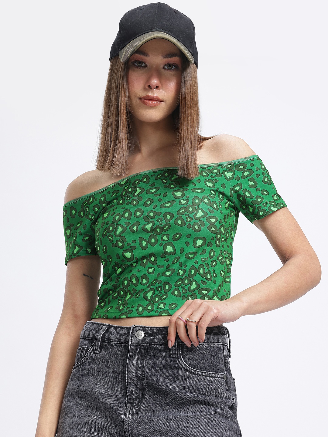 

glitchez Fierce Animal Print Bardot Top, Green
