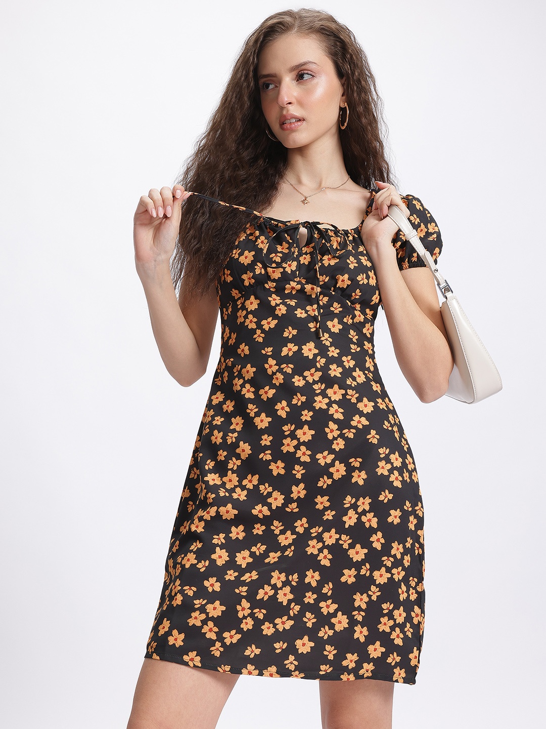 

glitchez Blooming Ahead Tie-Up Neck Floral Print Mini A-Line Dress, Black