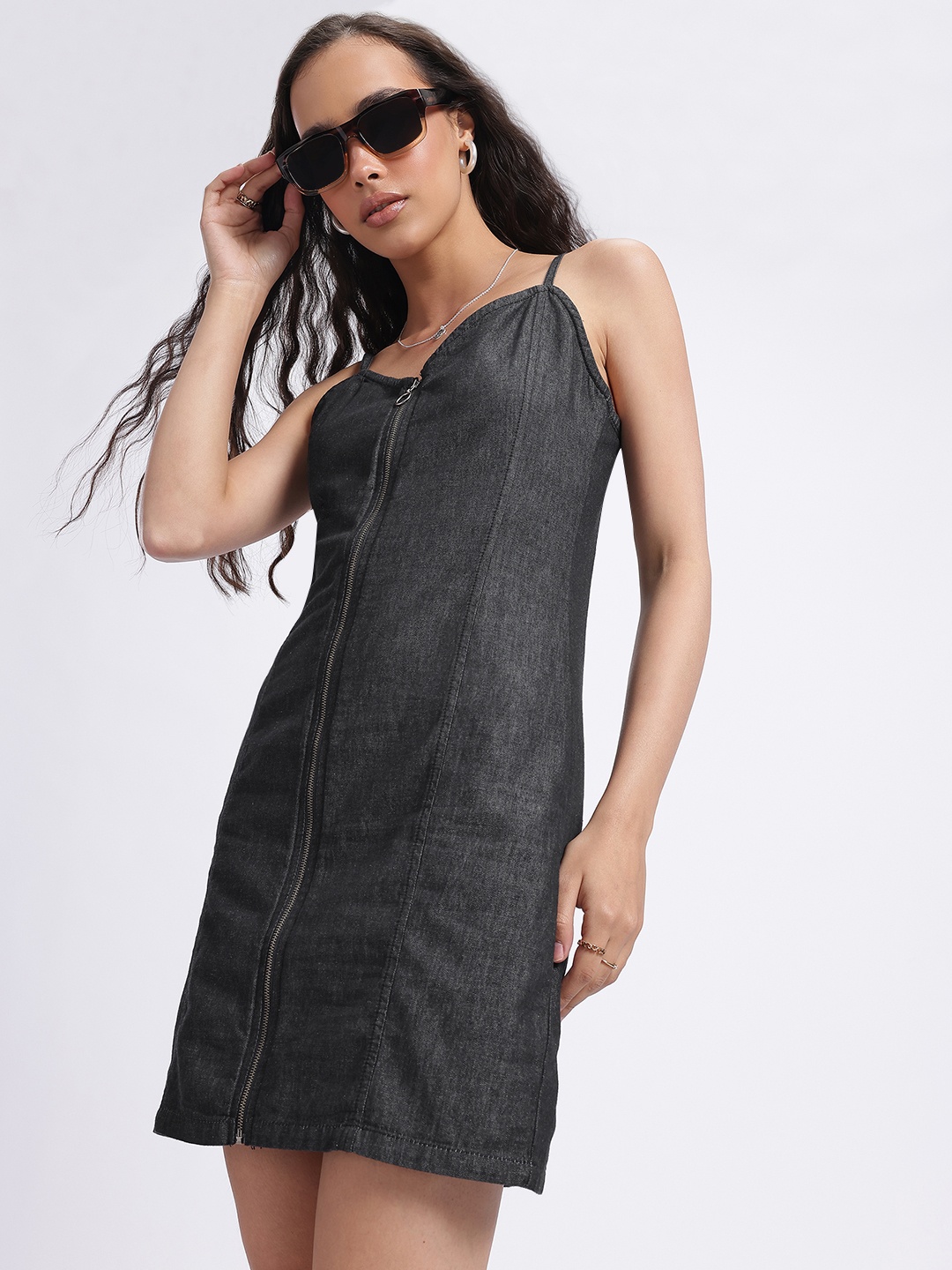 

glitchez Denim Dreams Zippered Panelled Bodycon Dress, Charcoal