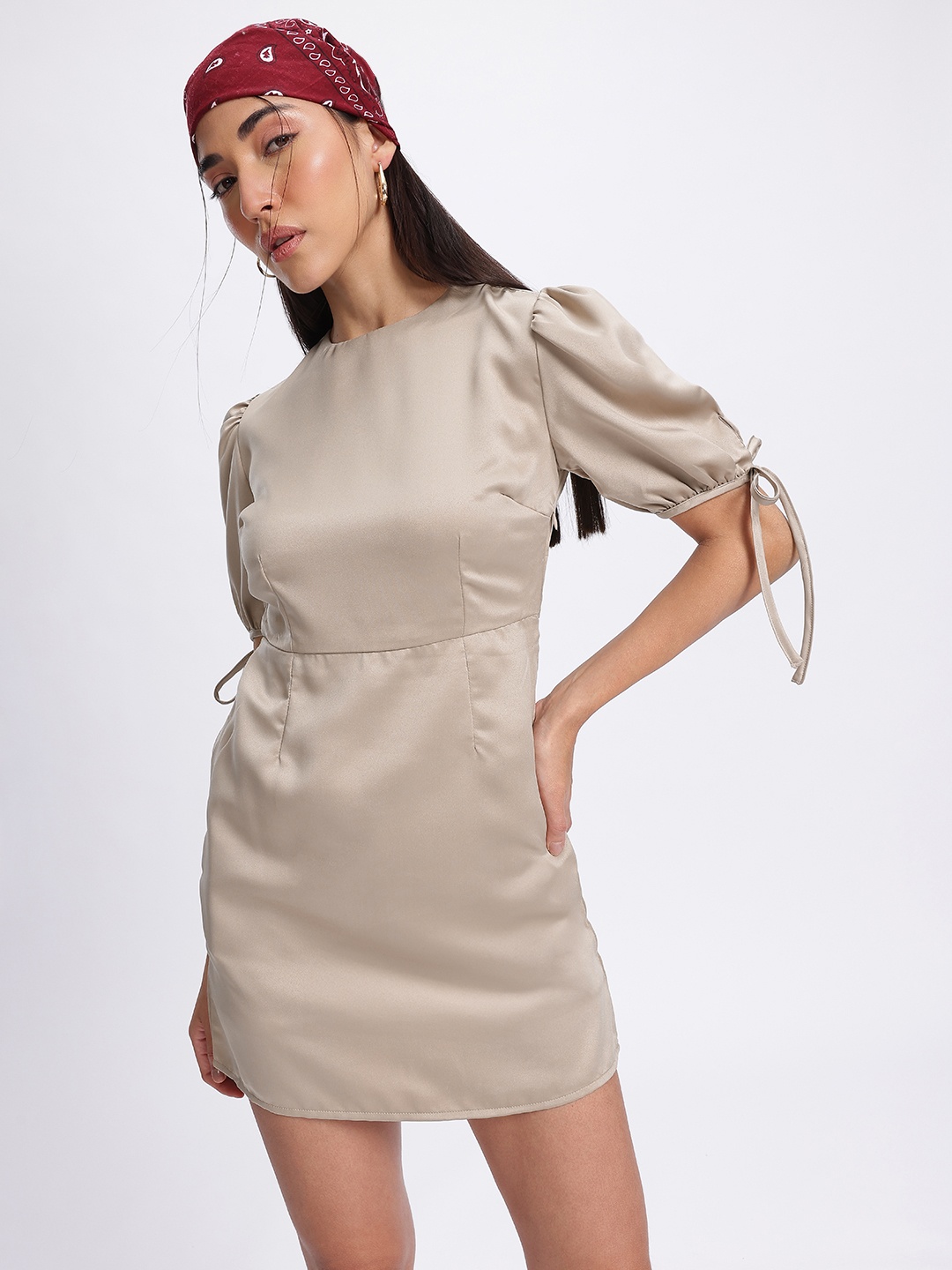 

glitchez Statement Puff Sleeves Satin Sheath Mini Dress, Taupe