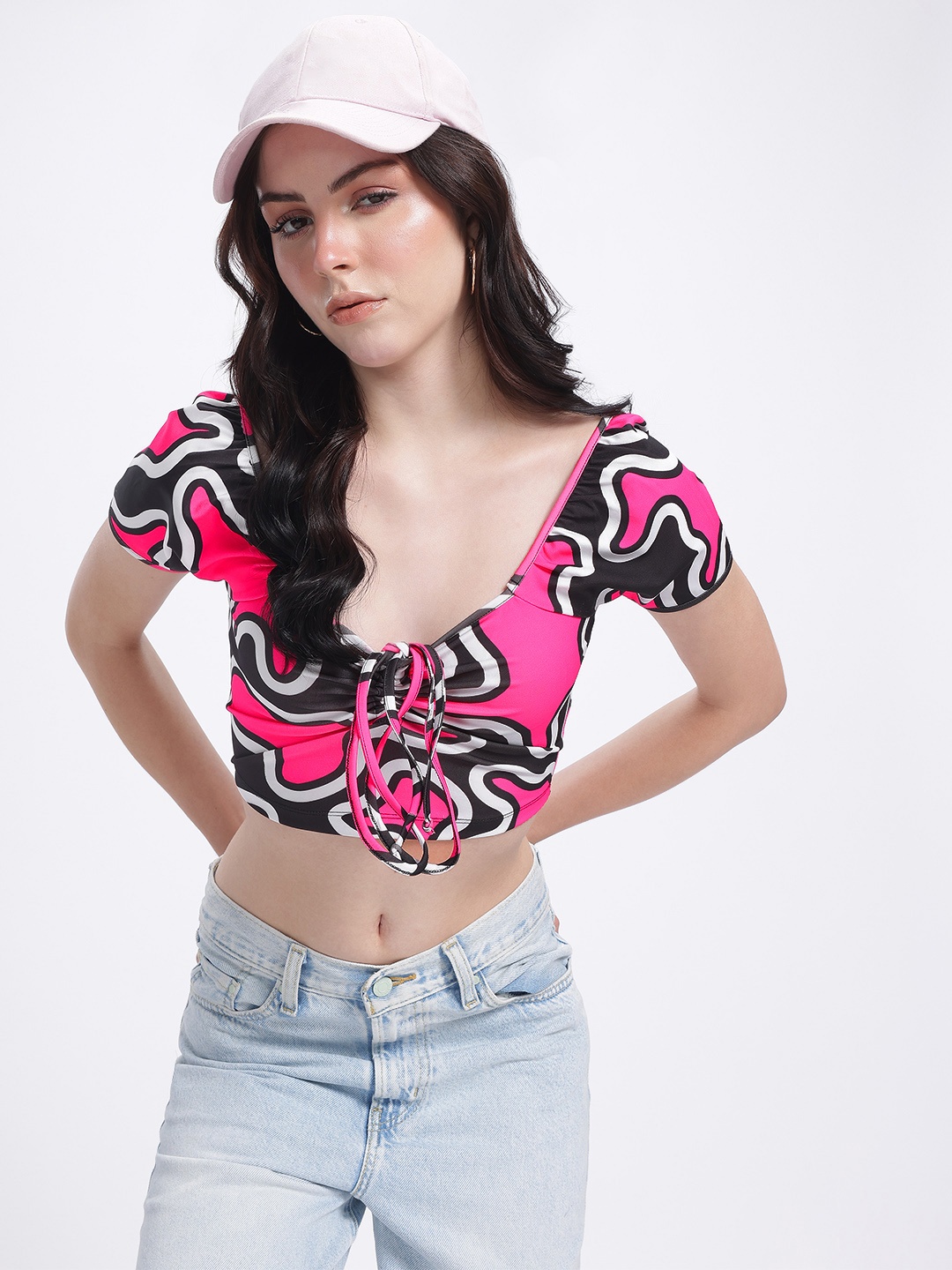 

glitchez Tied In Motion Abstract Allure Crop Top, Pink