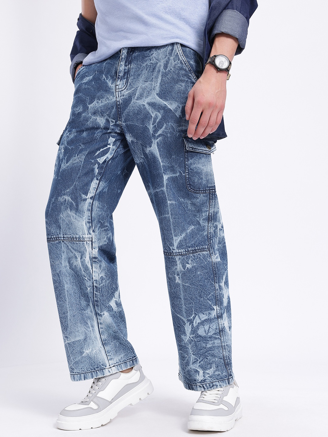 

glitchez Men Cargo Crew Acid Wash Baggy Jeans, Navy blue