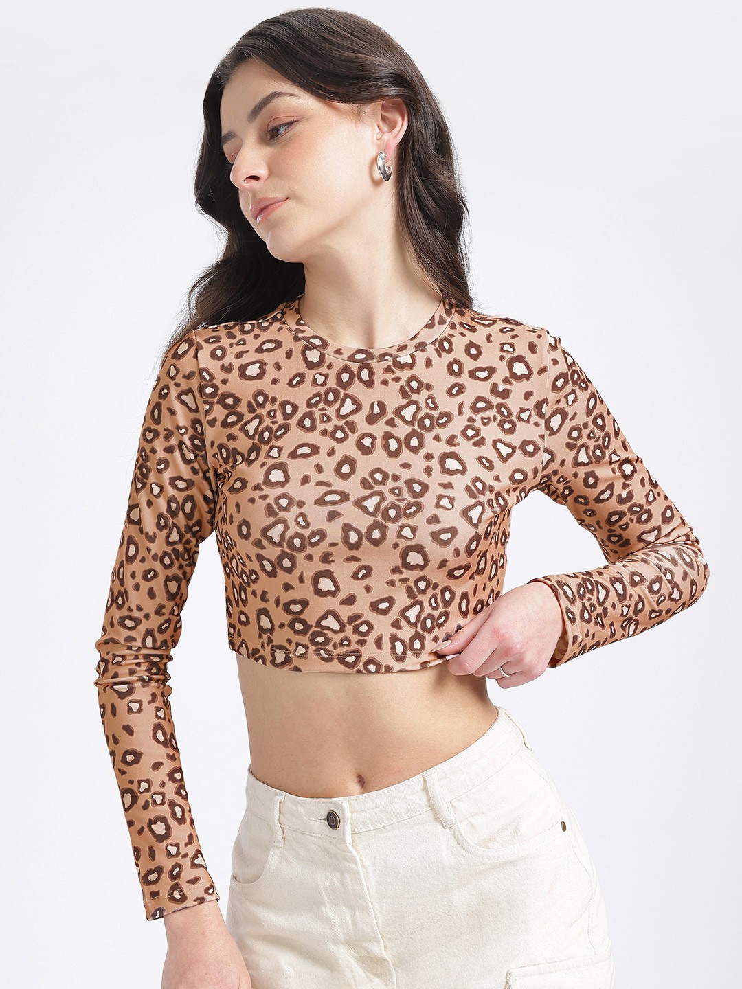 

glitchez Statement Cheetah Print Fitted Crop Top, Beige