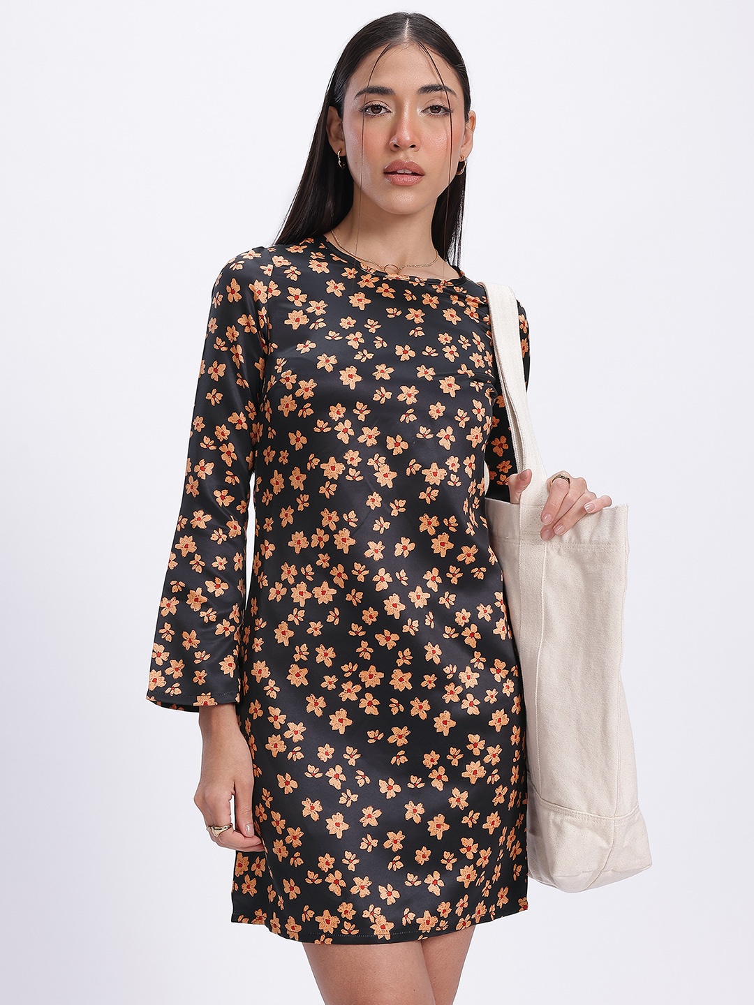

glitchez Bloom Chic Flared Sleeve Sheath Mini Dress, Black