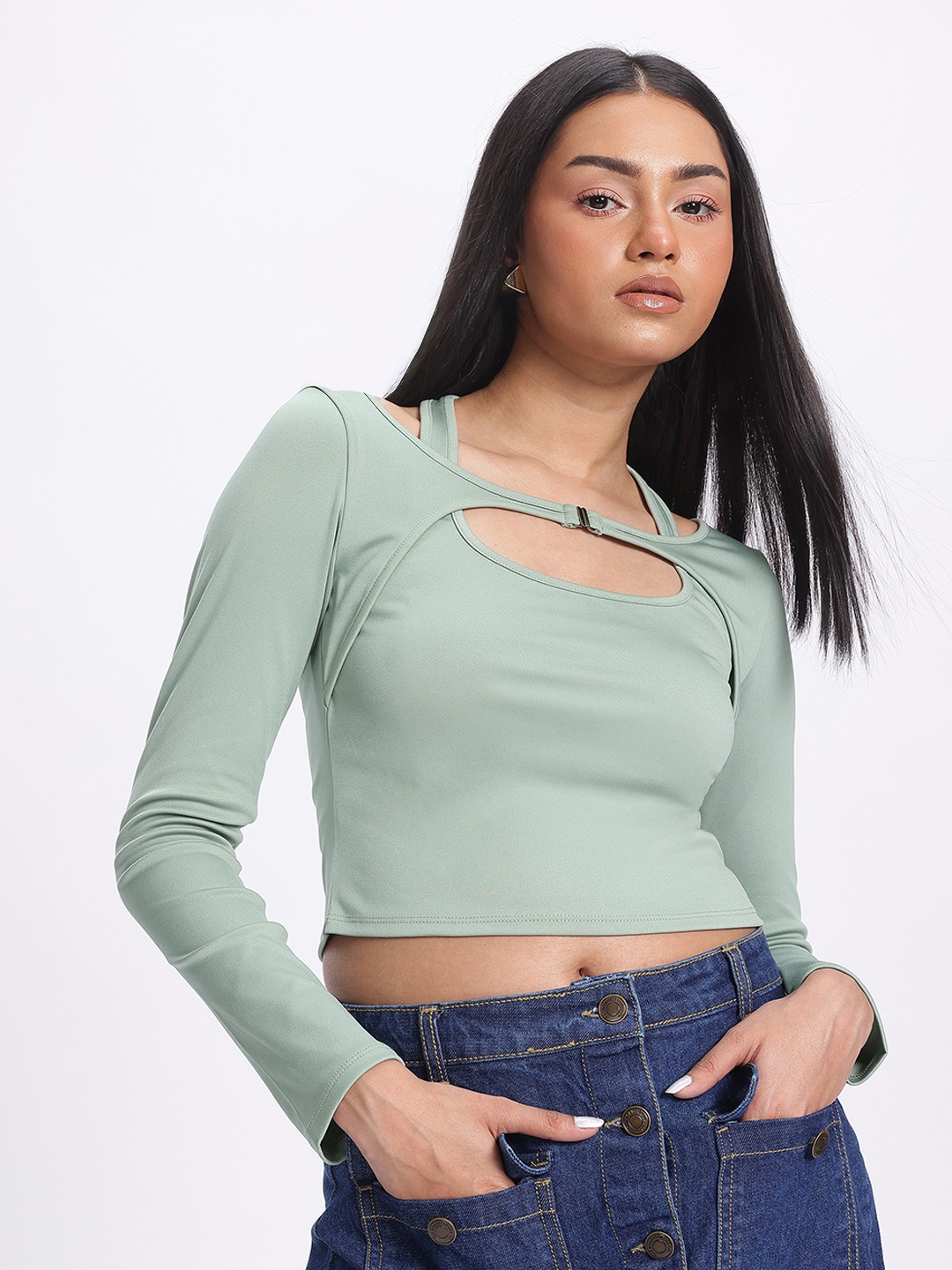 

glitchez Pastel Paradise Cut-Out Layered Style Crop Top, Green