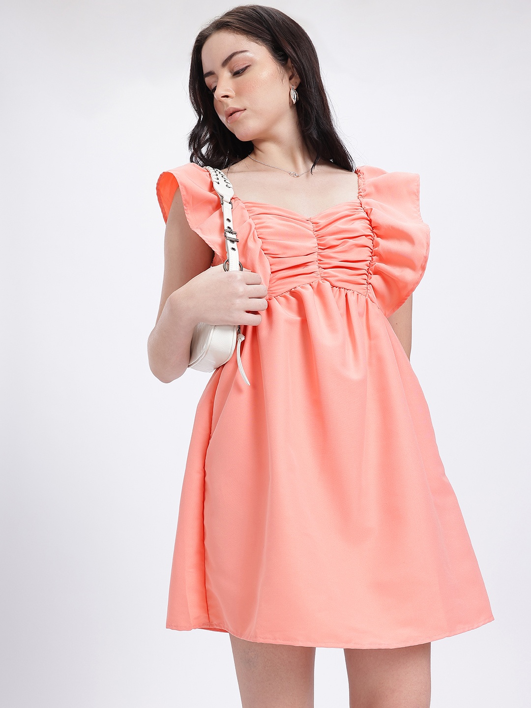 

glitchez Sweetheart Style Ruched Ruffled Mini A-Line Dress, Peach