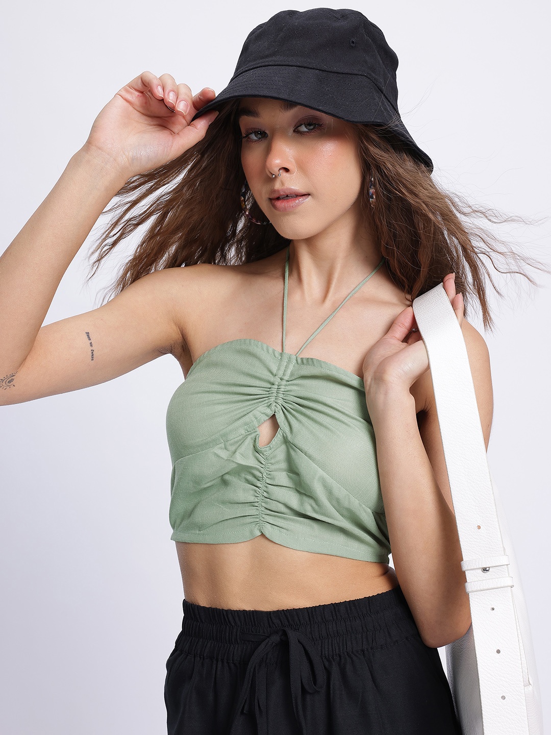 

glitchez Snatched Smock Halter Neck Crop Top, Green