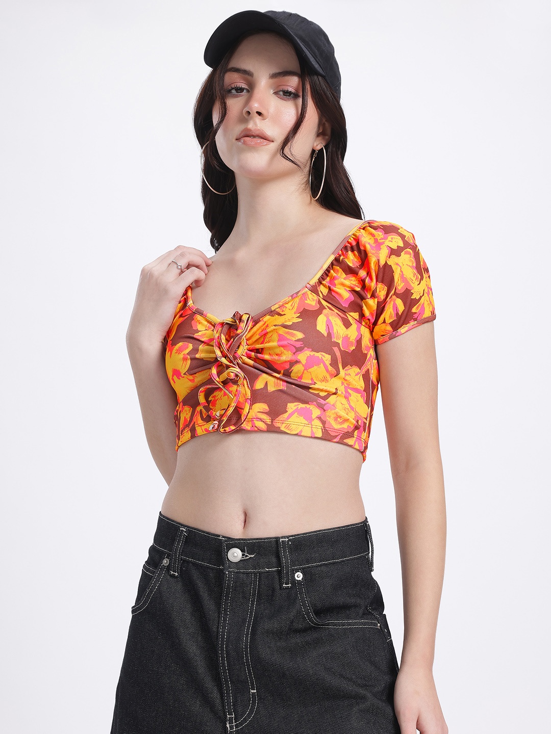 

glitchez Sunlit Blooms Tie-Up Detailed Crop Top, Yellow