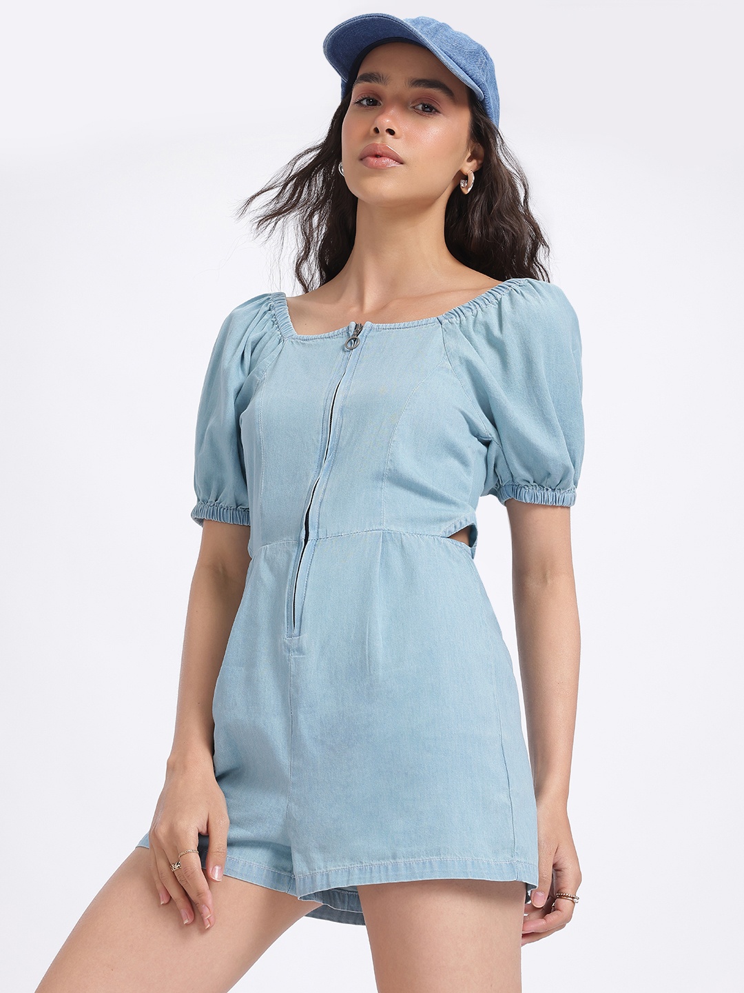 

glitchez Chambray Chic Cut-Out Detail Playsuit, Blue