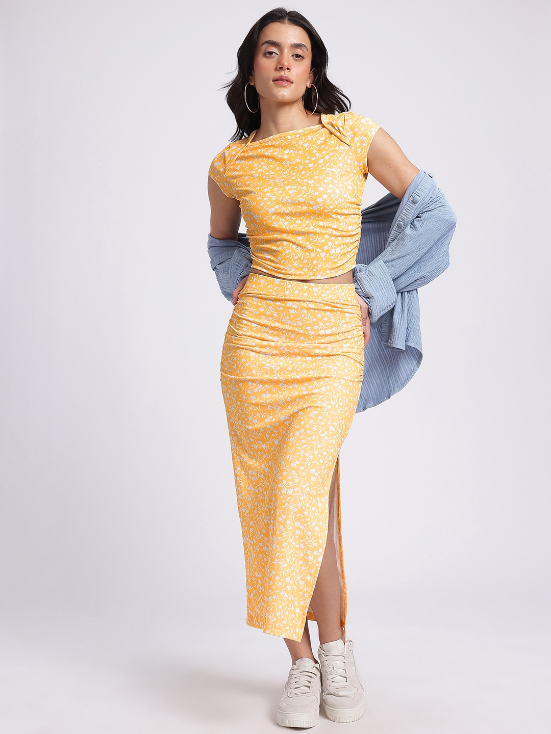 

glitchez Floral Finesse Ruched Slit Hem Skirt Co-Ords, Yellow