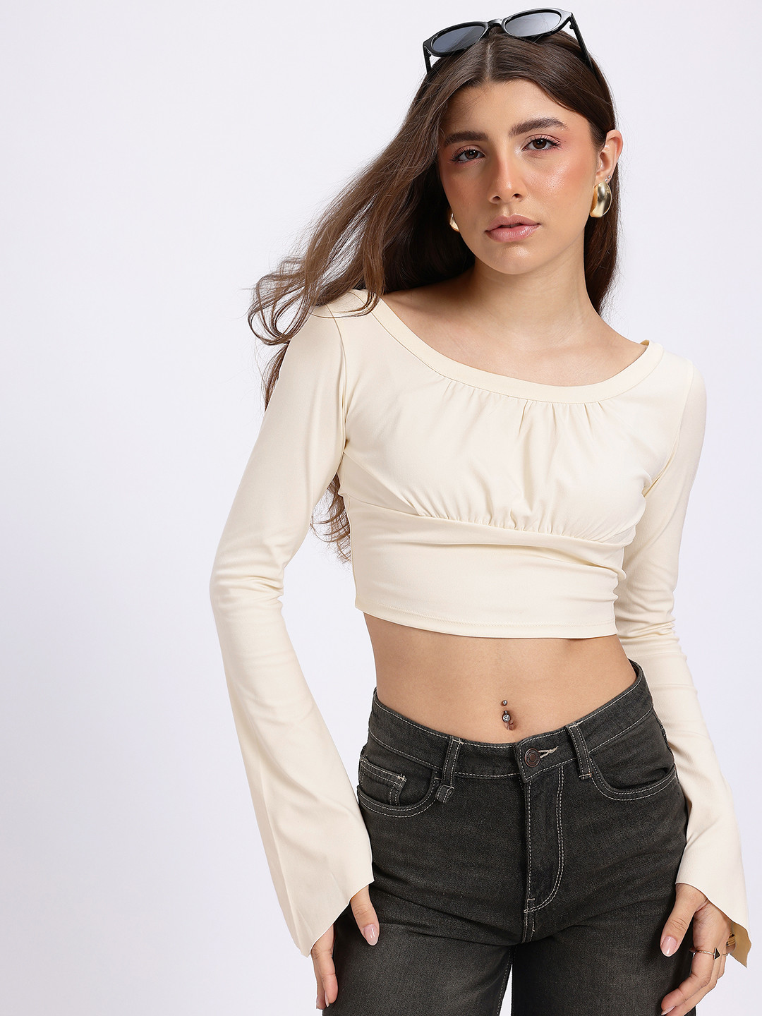 

glitchez Powerful Ruching Bell Sleeves Crop Fitted Top, Off white
