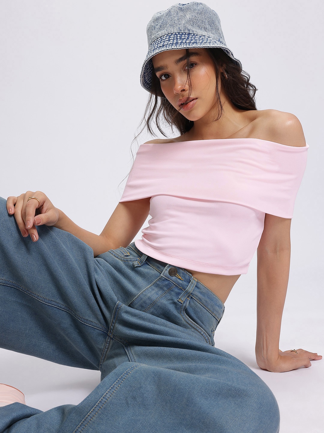 

glitchez Bare Shoulder Bardot Crop Top, Pink