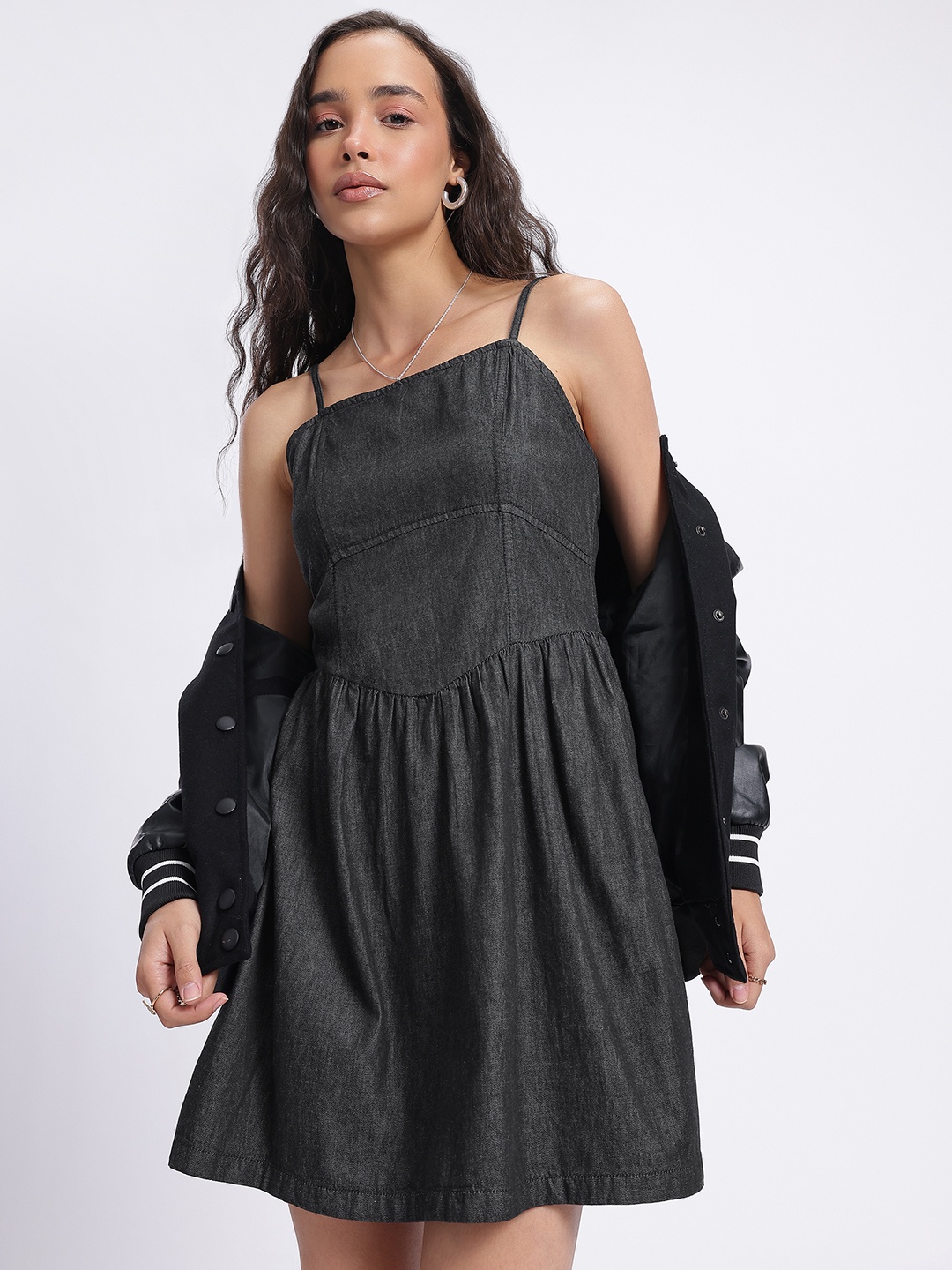 

glitchez Denim Desire Panelled Empire Dress, Charcoal
