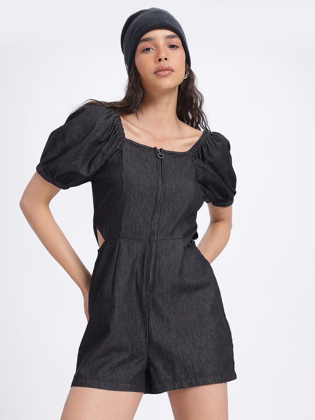 

glitchez Cut-Out Casuals Chambray Playsuit, Charcoal