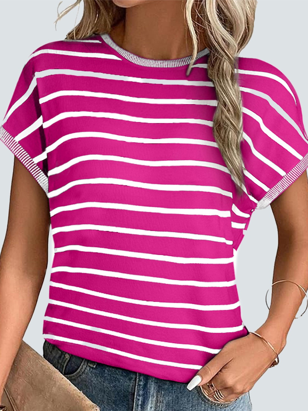 

HERE&NOW Women Striped Round Neck Extended Sleeves Tops, Fuchsia