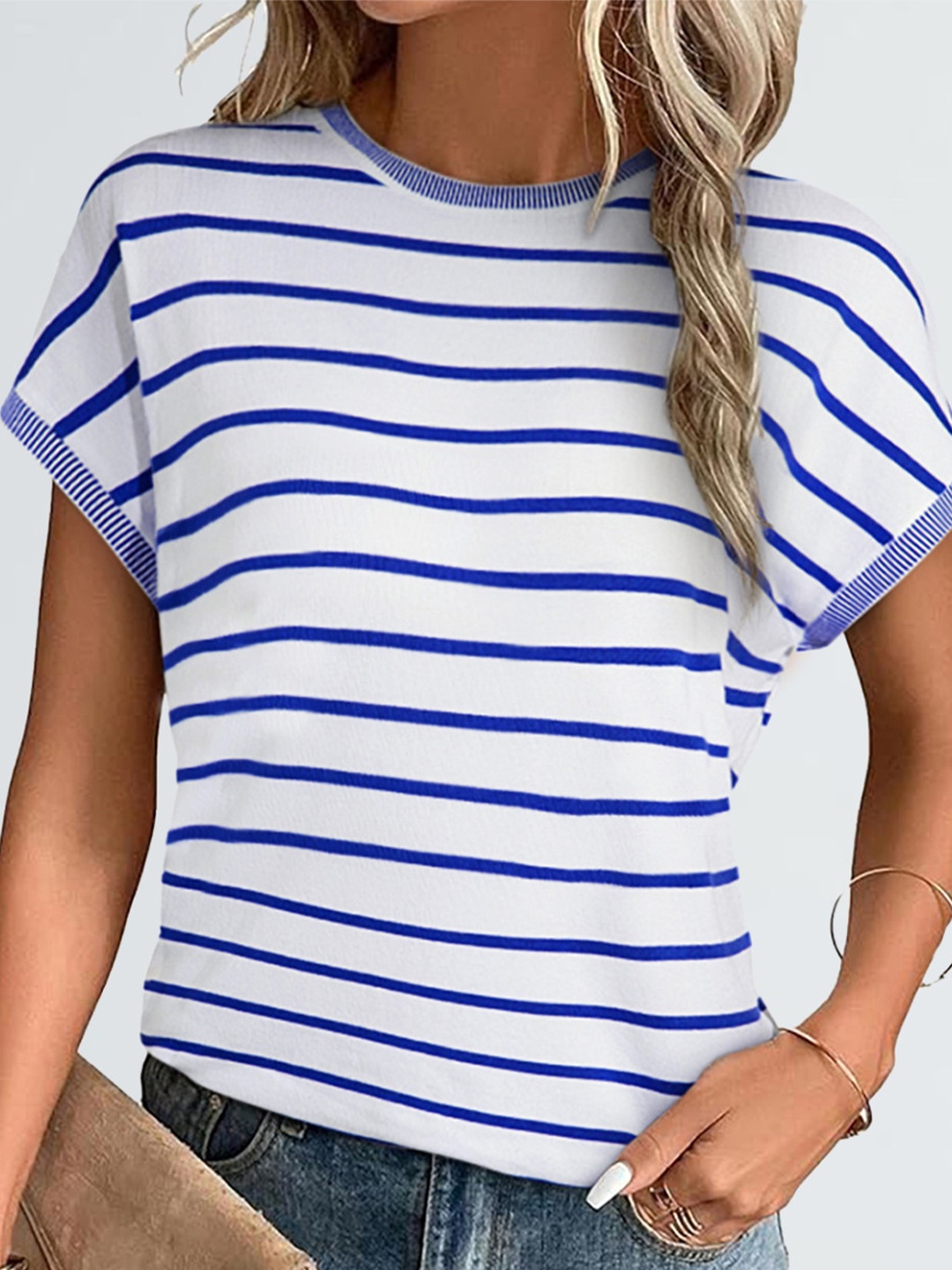 

HERE&NOW Women Striped Round Neck T-shirt, White