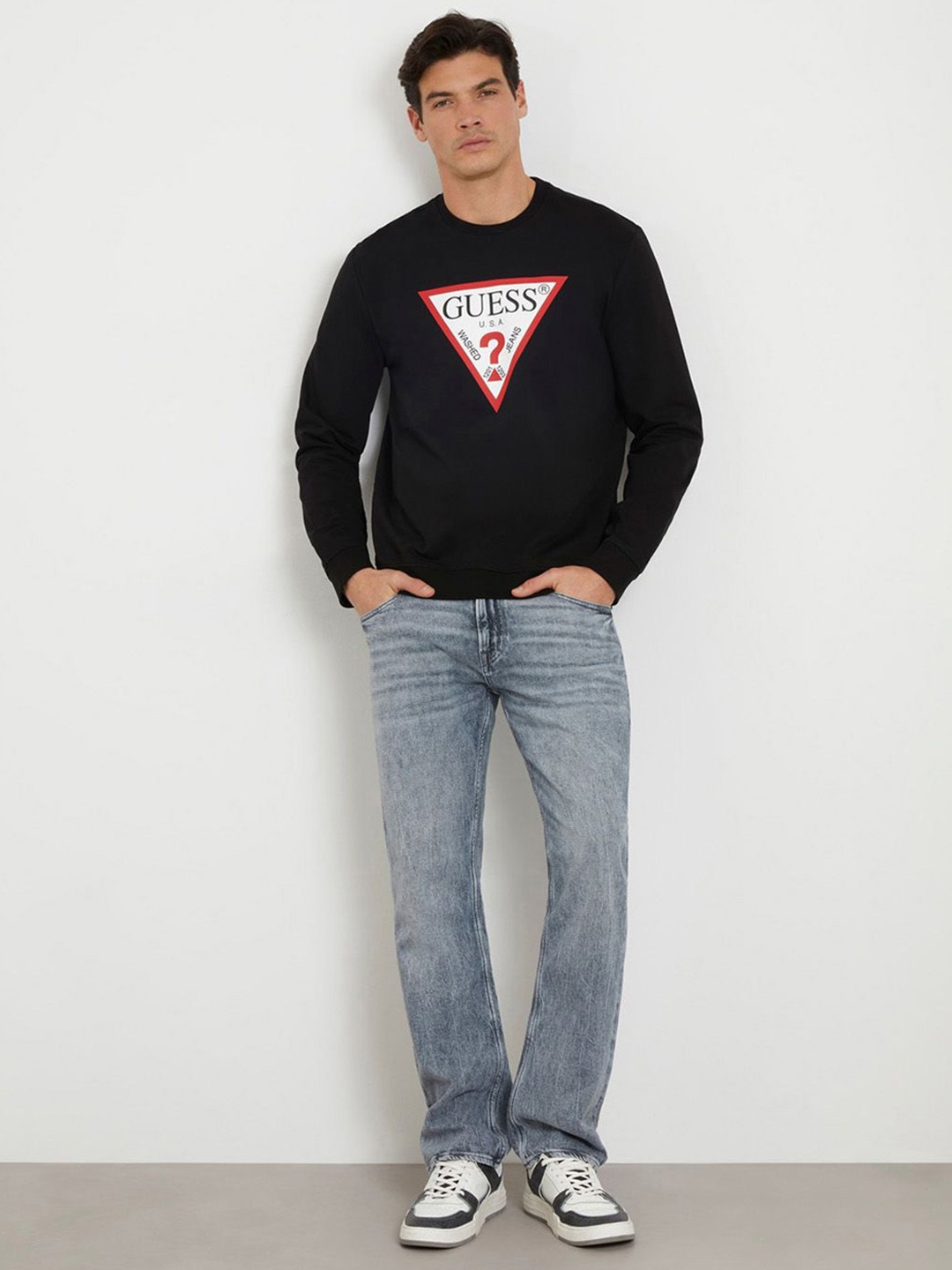 

GUESS Men Cotton Brand Logo Printed Round Neck Full Sleeve Sweatshirt, Black