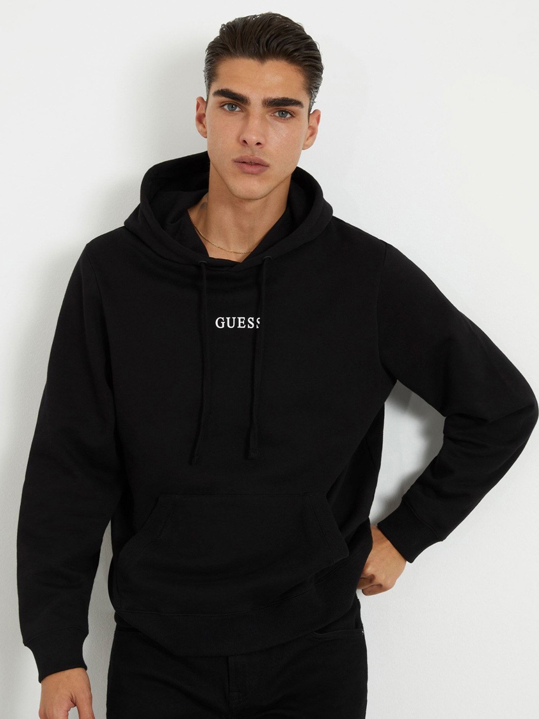 

GUESS Men Hooded Long Sleeve Pullover Sweatshirt, Black
