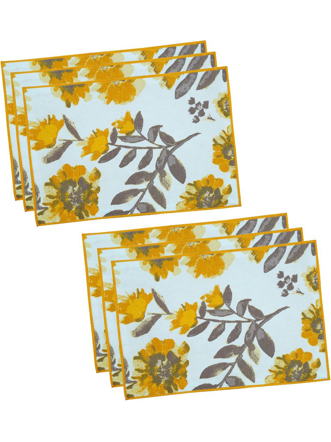 

BILBERRY Furnishing by preeti grover Yellow & Grey 6 Pieces Floral Cotton Table Placemats