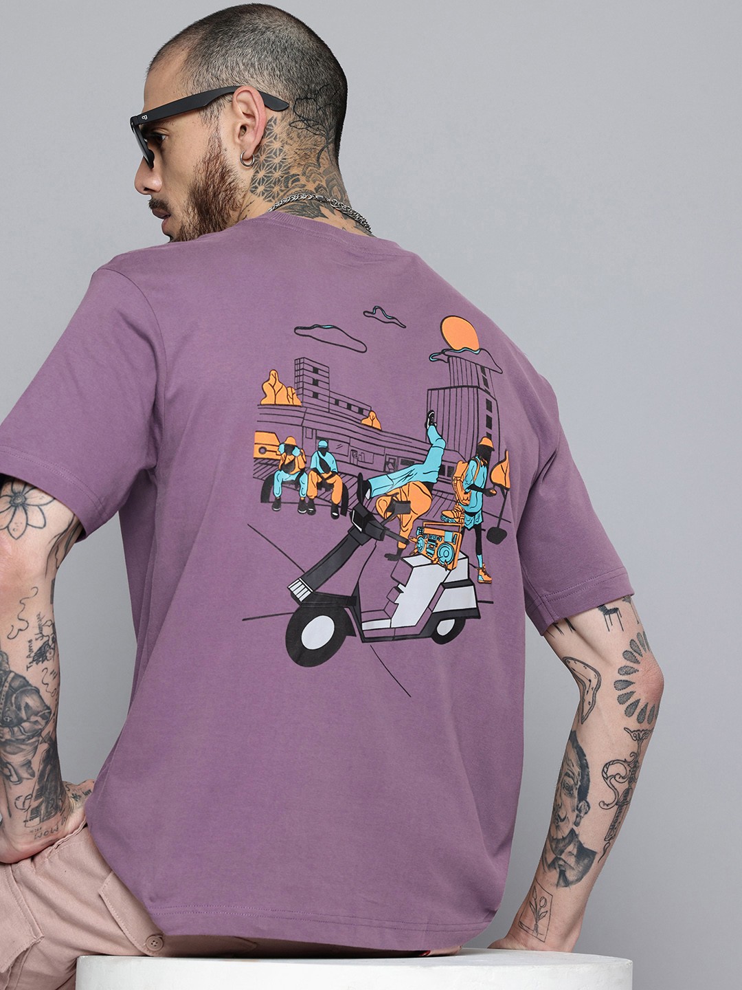 

Flying Machine Printed Drop-Shoulder Sleeves Relaxed Fit Pure Cotton T-shirt, Purple
