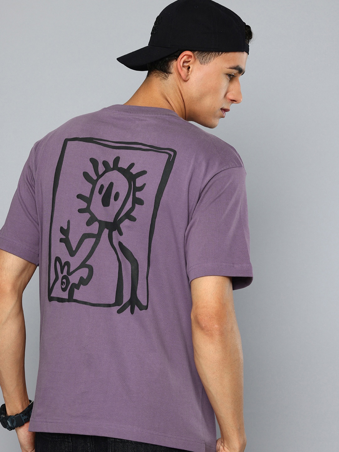 

Flying Machine Printed Drop-Shoulder Sleeves Pure Cotton Relaxed Fit T-shirt, Purple