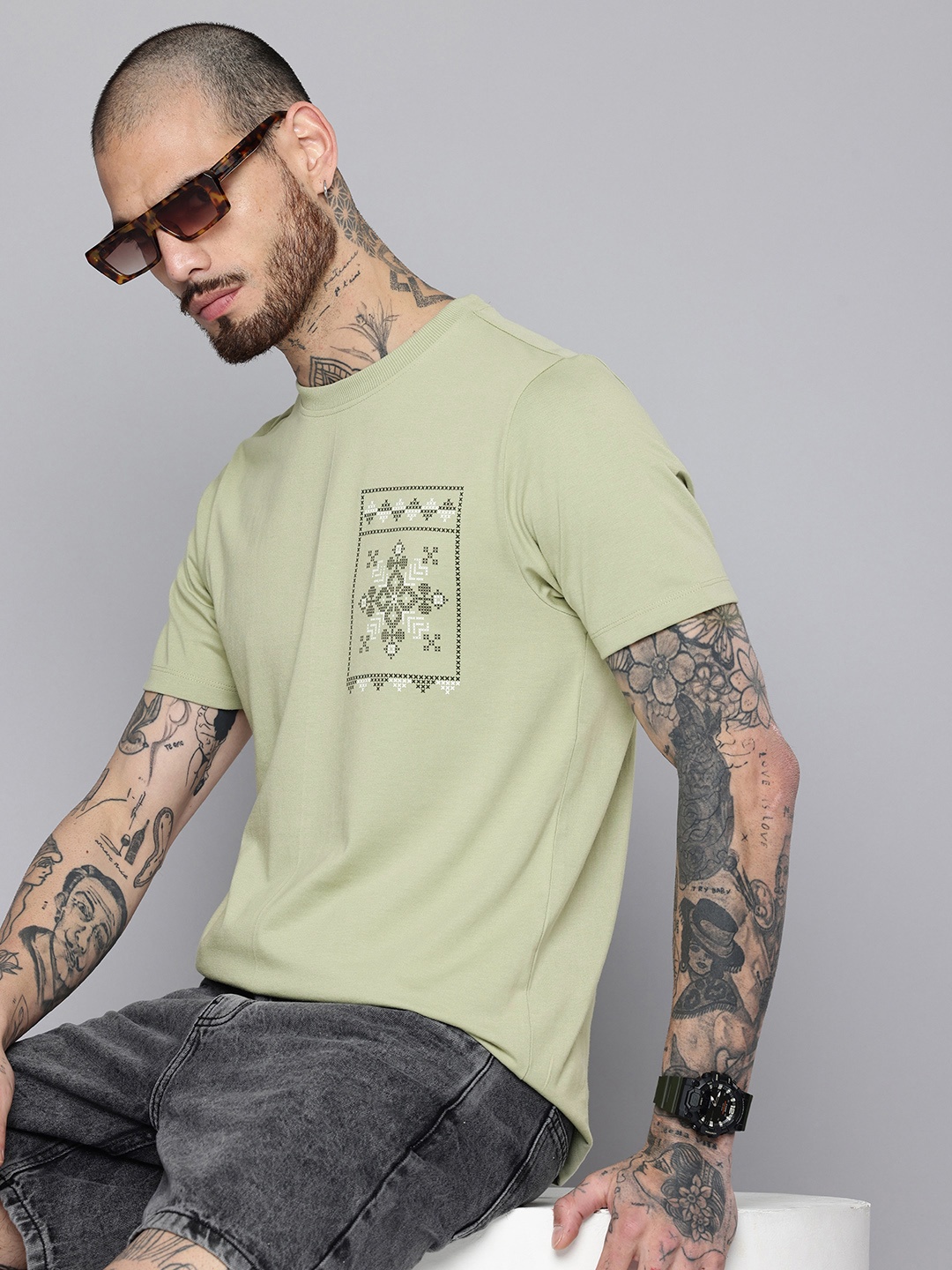 

Flying Machine Geometric Printed T-shirt, Green