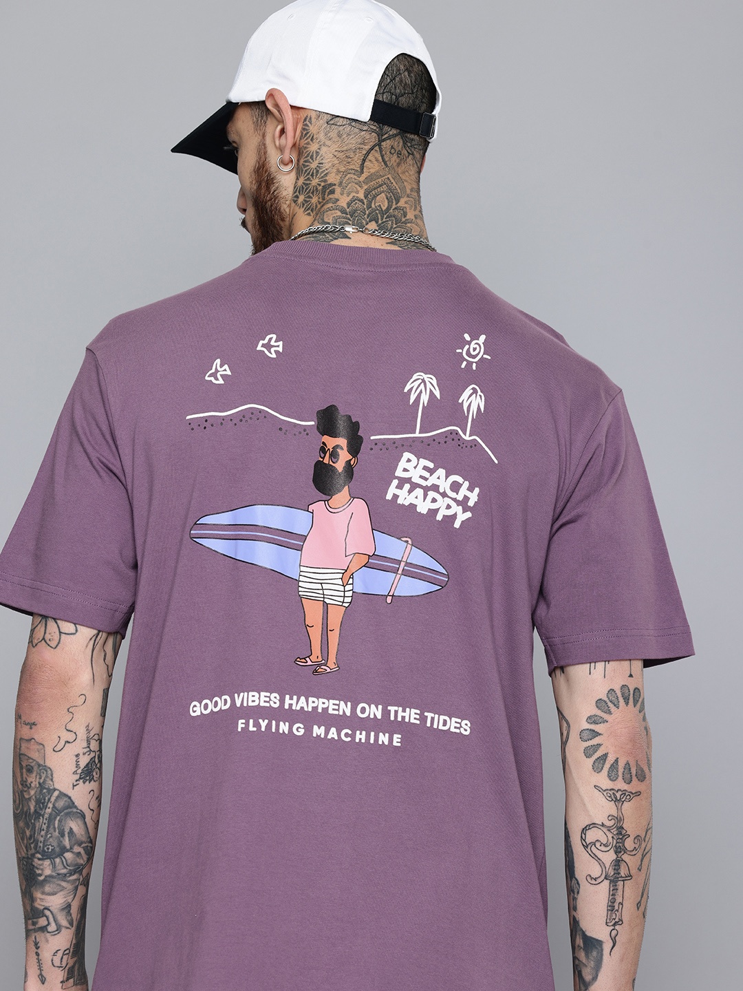 

Flying Machine Printed Drop-Shoulder Sleeves Relaxed Fit Pure Cotton T-shirt, Purple
