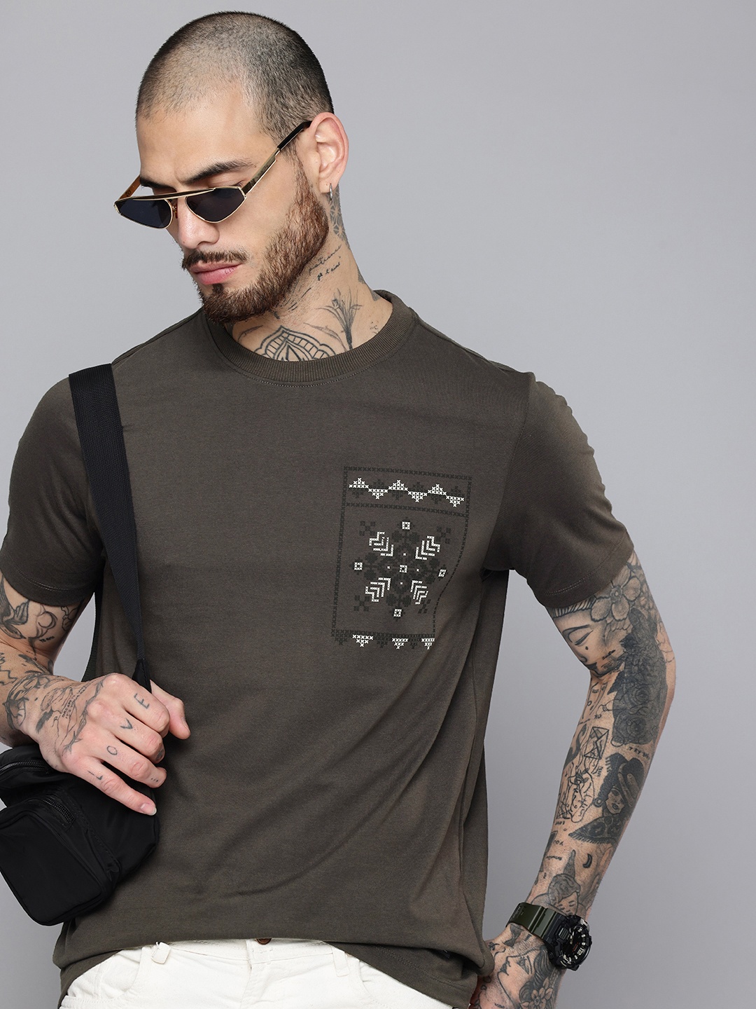 

Flying Machine Geometric Printed T-shirt, Grey